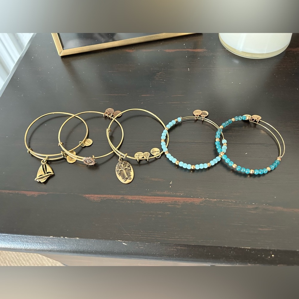 5 Alex and Ani Charm Bangles (Sailboat, Compass, Armenian Cross, 2 Blue Beaded)